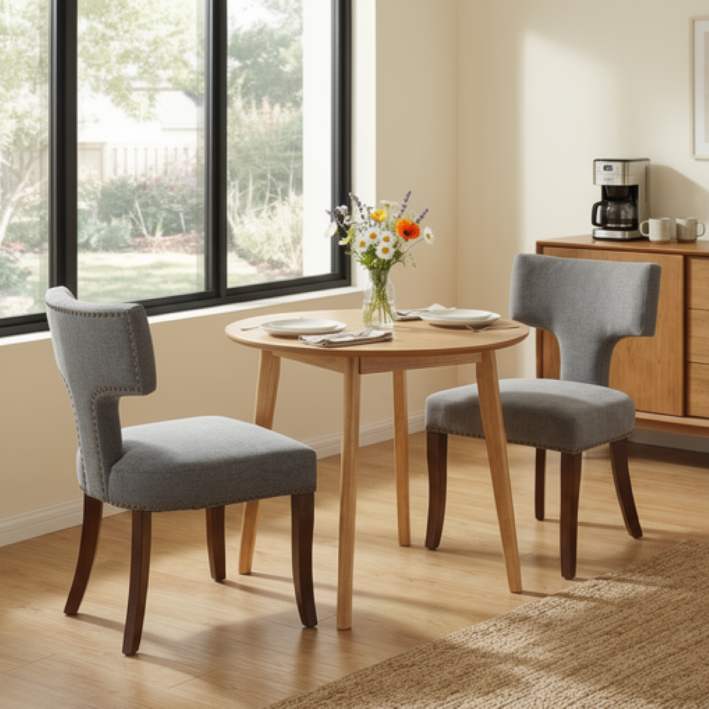 Gray Mid Century Modern Dining Chairs Set of 2, Linen & Solid Hardwood with Copper Nails