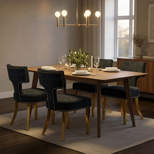 Mid Century Dining Chairs Set of 2, Black Chenille with Copper Nail Trim & Gold Splayed Legs