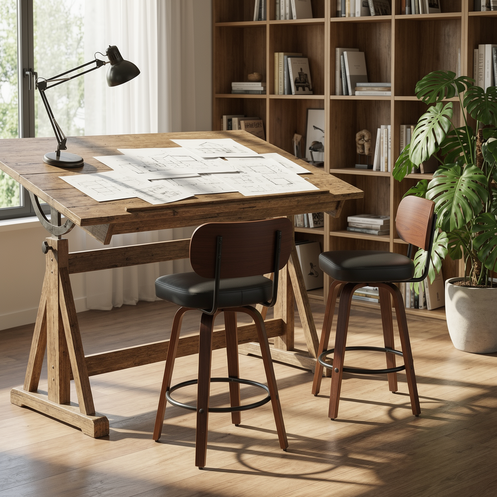 Black Swivel Bar Stools Set of 2, 26” Mid Century Modern Faux Leather & Walnut