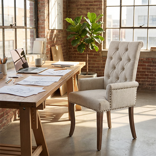 Single Beige Club Dining Chair in Chenille, Tufted Back with Curved Solid Wood Legs & Arms