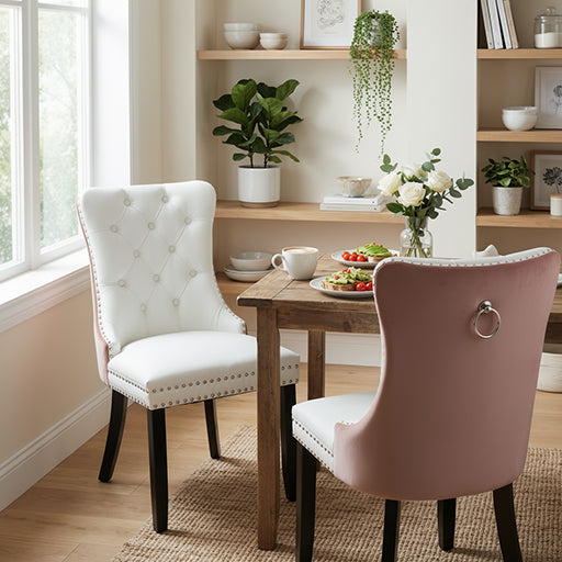 Modern Dining Chairs Set of 2, Smooth White PU Front & Tufted Pink Velvet Back with Nailhead Trim