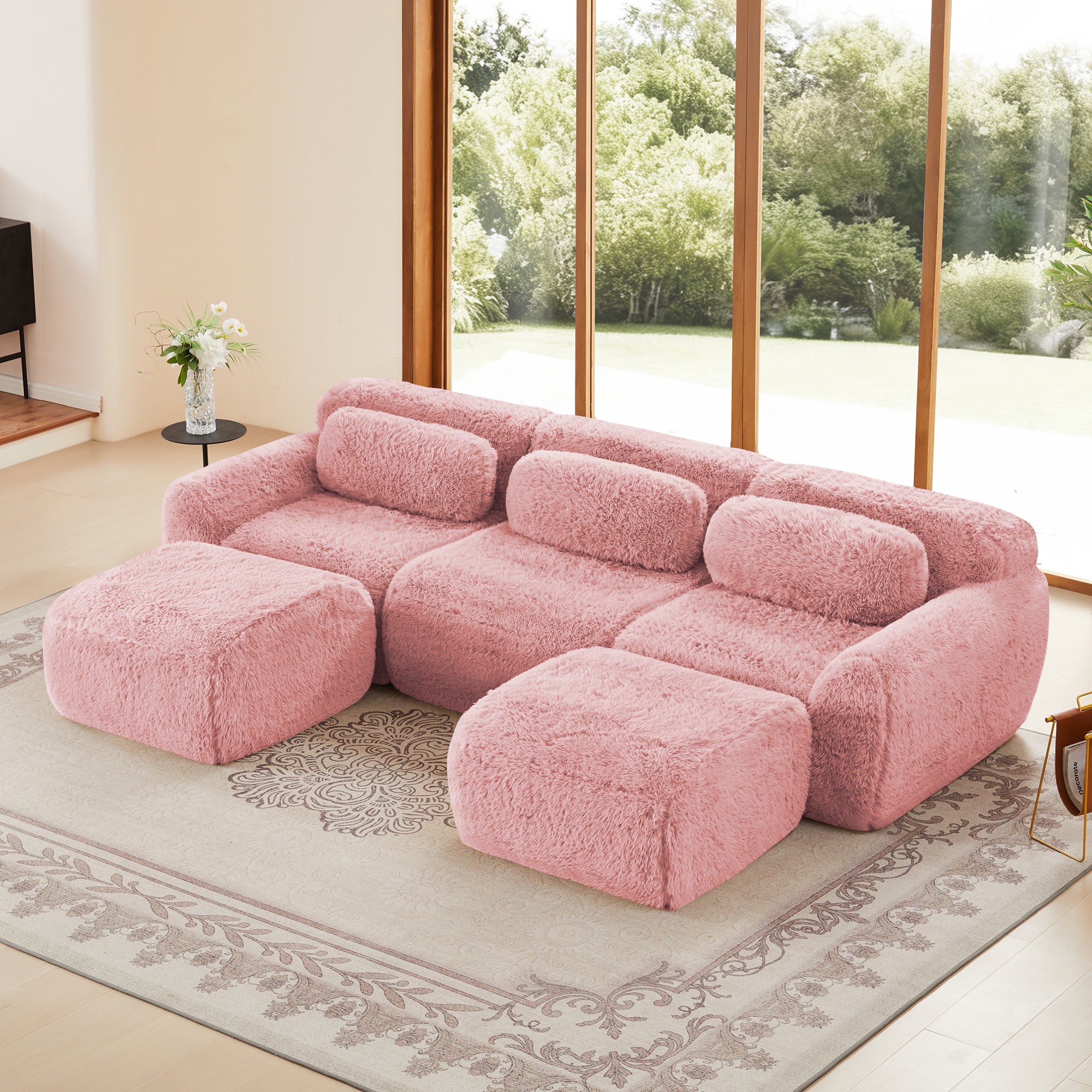 U-Shaped 3-Seat Sectional Sofa with 2 Chaise Lounges, Plush Fabric, 32D High-Density Sponge, No Assembly(Pink)