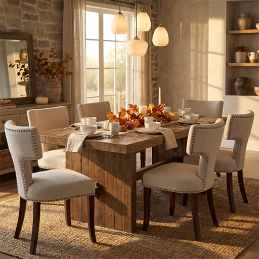 Mid Century Modern Dining Chairs Set of 2, Beige Linen Upholstery & Solid Hardwood Frame with Copper Nail Trim