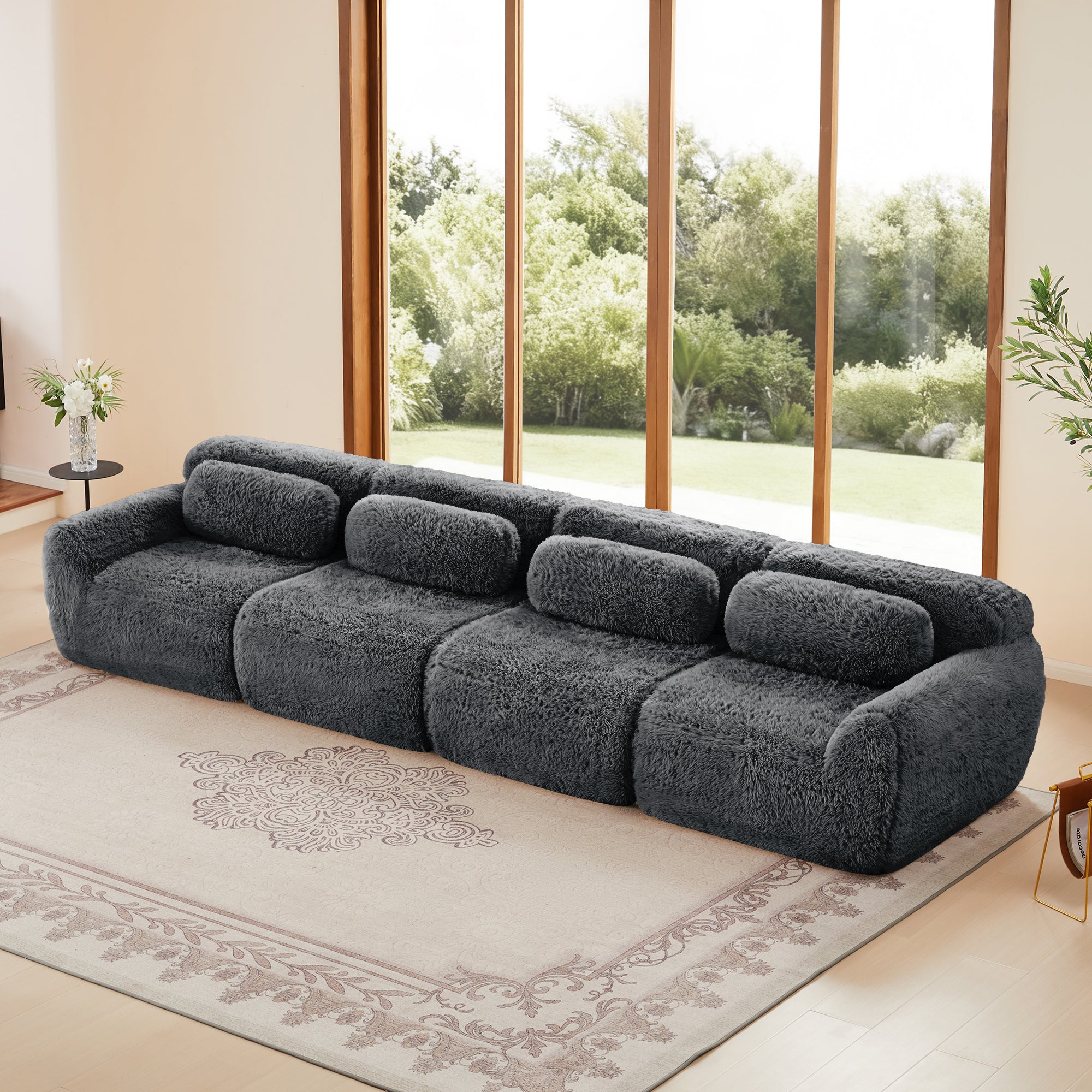 4-Seat Modular Sectional Sofa with Chaise, Plush Fabric & 32D High-Density Sponge, No Assembly Required(DARK GREY)