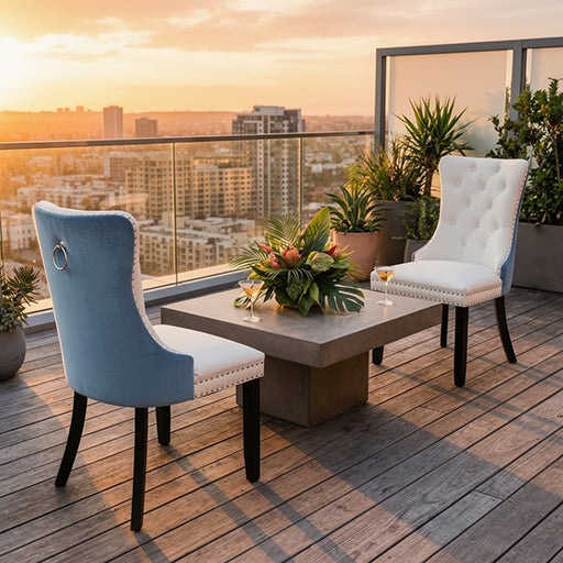 Modern Dining Chairs Set of 2, Smooth PU Front & Tufted Light Blue Velvet Back with Nailhead Trim