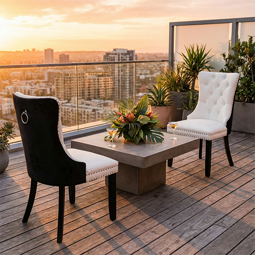 Modern Dining Chairs Set of 2, Front PU & Back Velvet Upholstery with Nailhead Trim