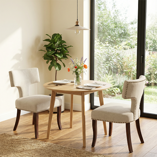 Mid Century Modern Dining Chairs Set of 2, Beige Linen Upholstery & Solid Hardwood Frame with Copper Nail Trim