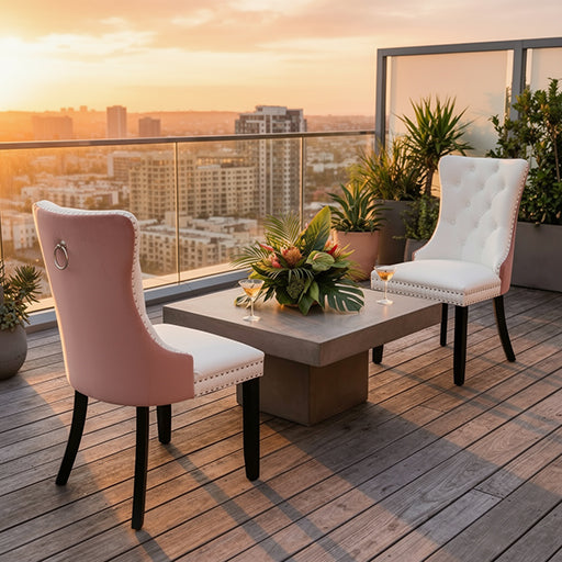 Modern Dining Chairs Set of 2, Smooth White PU Front & Tufted Pink Velvet Back with Nailhead Trim