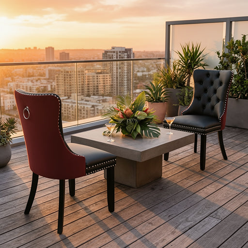 Modern Dining Chairs Set of 2, Black PU & Wine Velvet with Solid Wood Legs