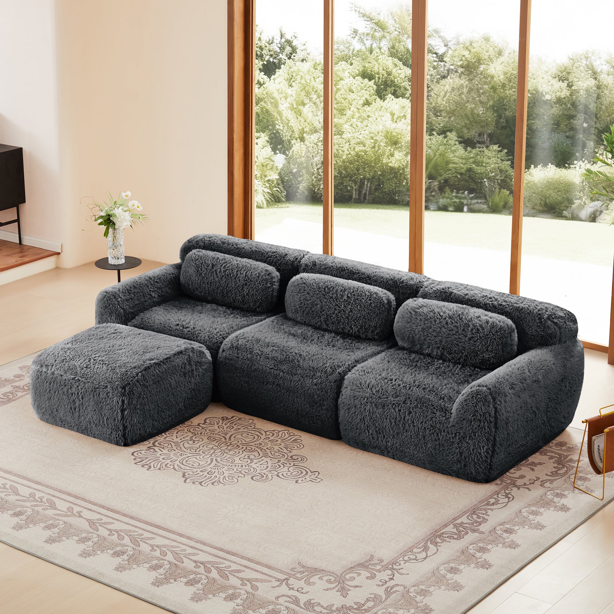 L-Shaped 3-Seat Plush Sectional Sofa with Movable Ottoman, 32D High-Density Sponge(DARK GREY)