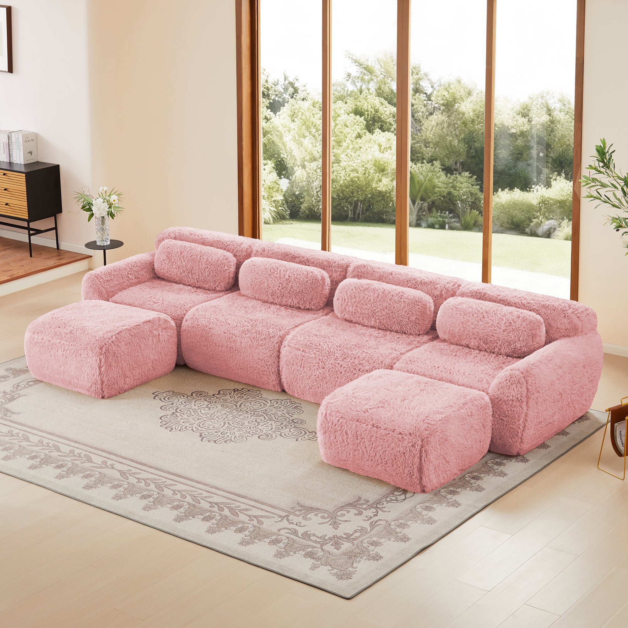 4-Seat U-Shaped Sectional Sofa, 32D High-Density Sponge, No Assembly, Cloud-Like Plush Fabric(Pink)