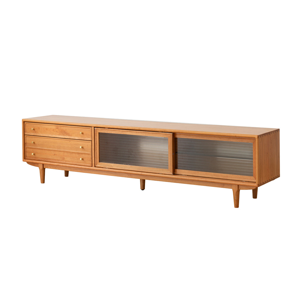 Solid Cherry Wood TV Stand with Glass Doors & 2 Drawers, Mid-Century Modern Cabinet