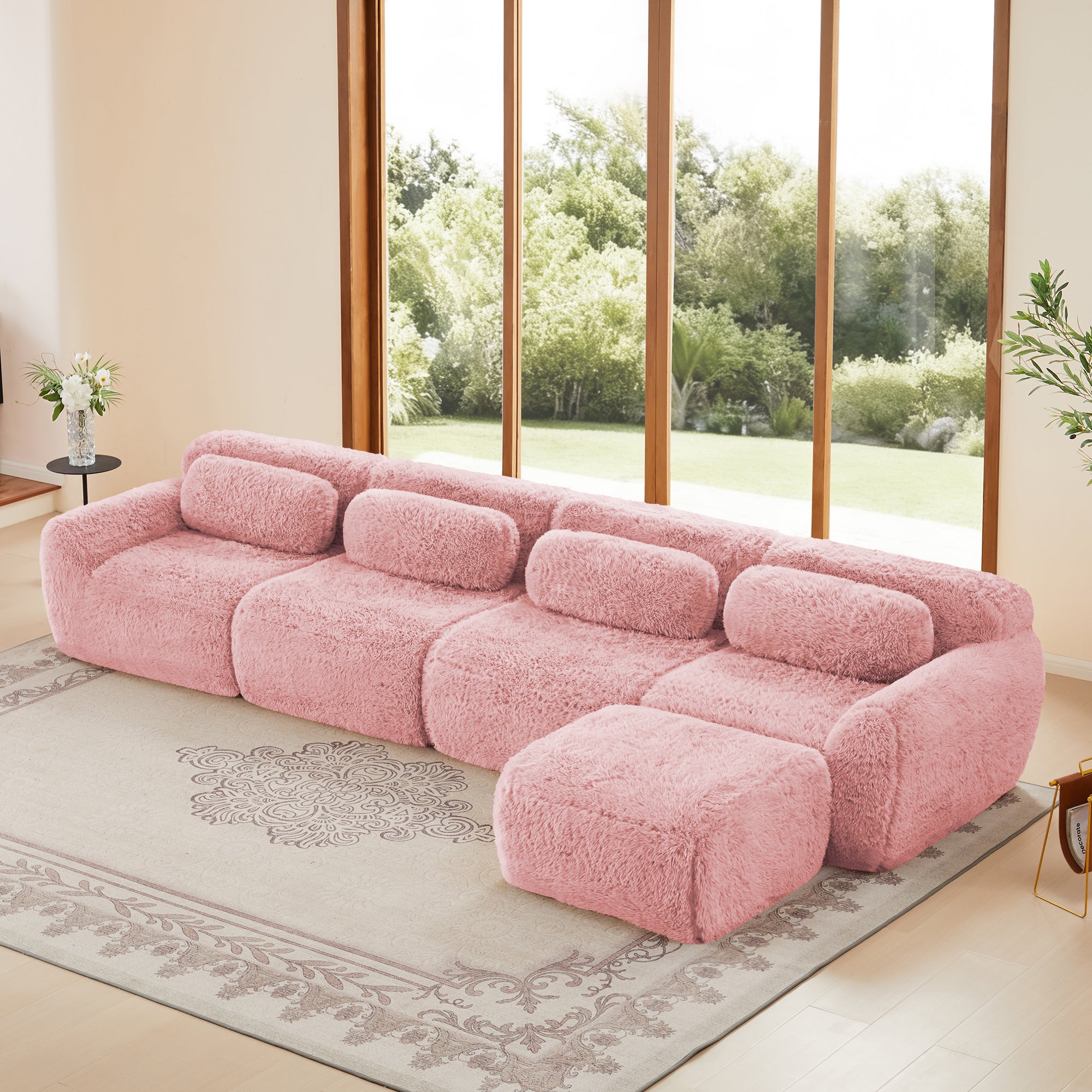 4-Seat L-Shaped Sectional Sofa, Plush Cloud Couch, No Assembly, 32D High-Density Sponge, Anti-Slip Bottom(Pink)