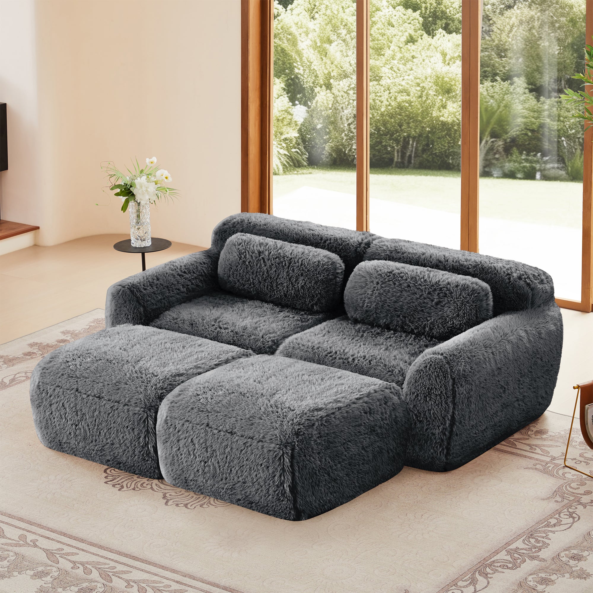 2-Seat Plush Sofa with Dual Chaises, 32D High-Density Sponge, No Assembly Required, Deep Seat Design(DARK GREY)