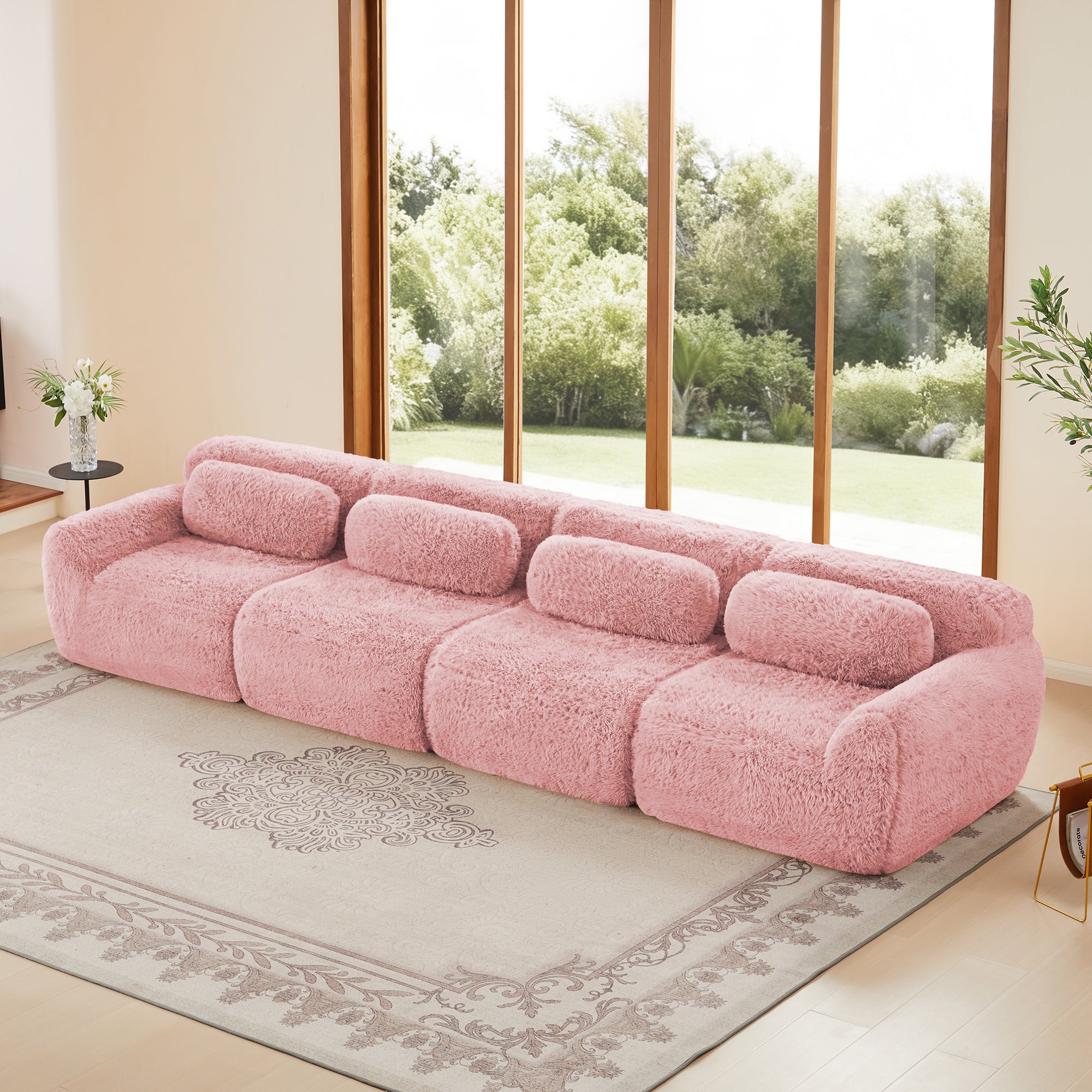 4-Seat Modular Sectional Sofa with Chaise, Plush Fabric & 32D High-Density Sponge, No Assembly Required(Pink)