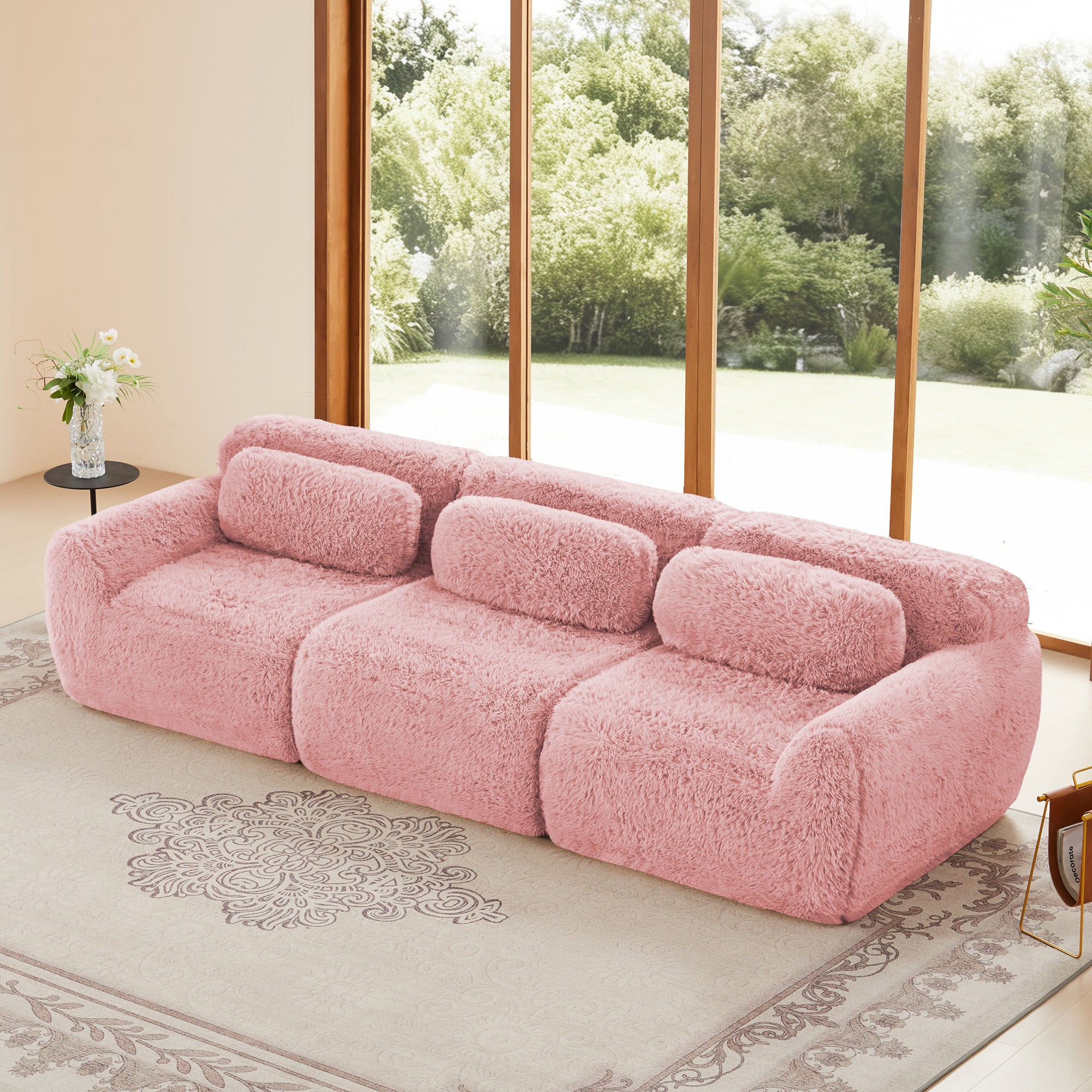3-Seat Modular Sectional Sofa with Ottoman, Soft Plush Fabric, Vacuum Packed(Pink)