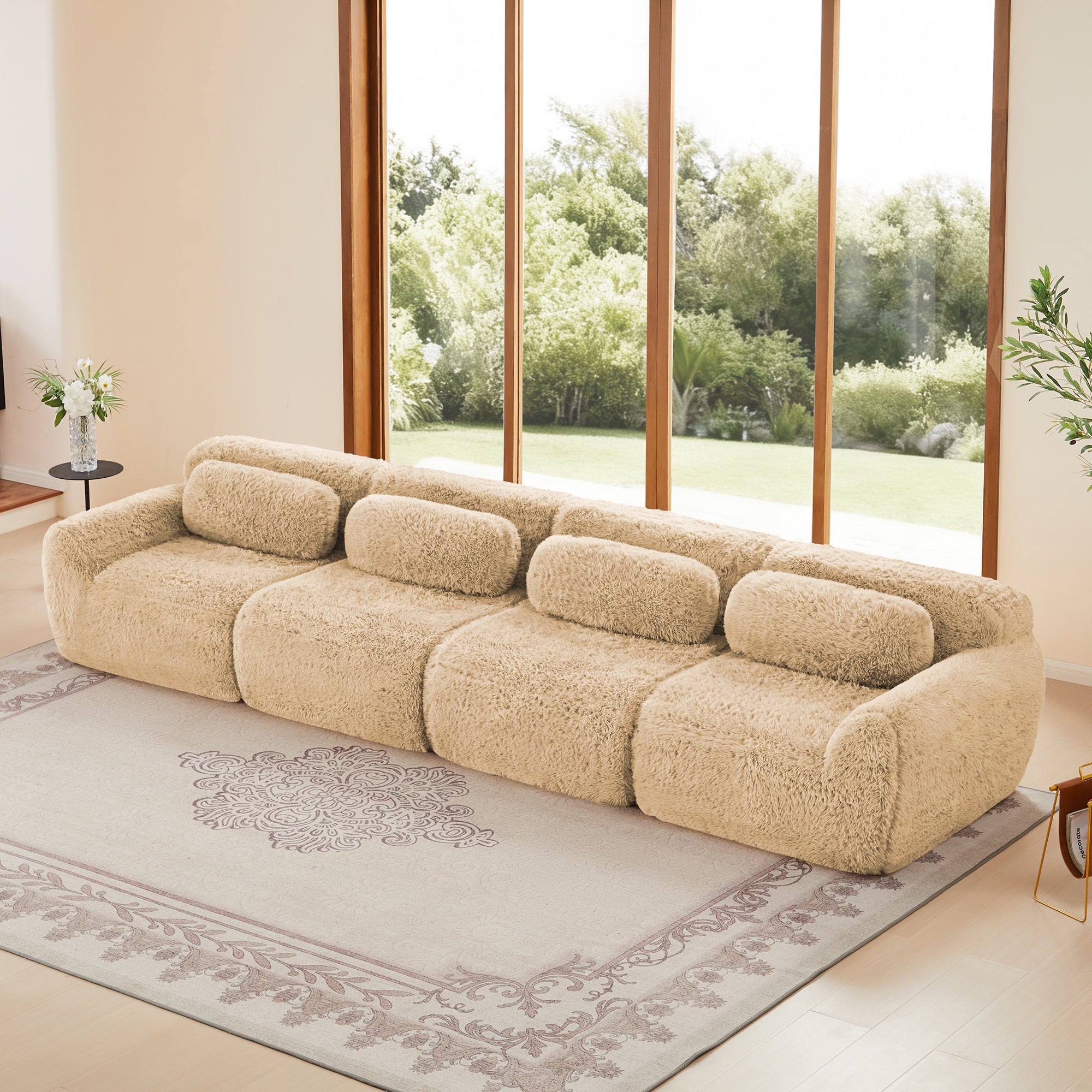 4-Seat Modular Sectional Sofa with Chaise, Plush Fabric & 32D High-Density Sponge, No Assembly Required(Light Khaki)
